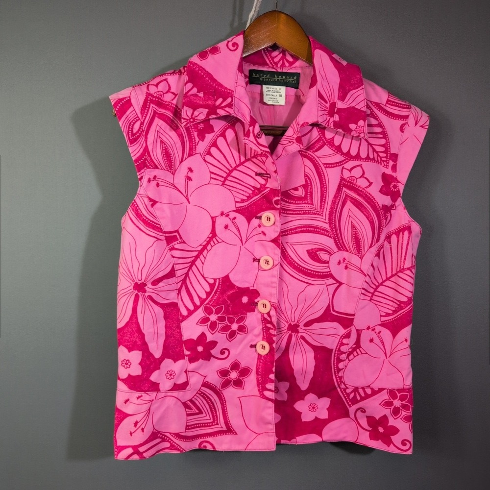 Harve Benard Sz 10 Bold Pink Fuchsia Floral Denim Vest w/ Cap Sleeve Bloomcore